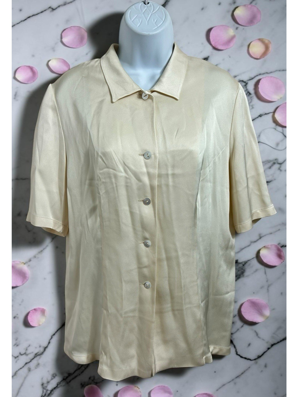Vintage Joan & David Button Front Cream Blouse Sz 42 EUR 8 US Short Sleeve Italy